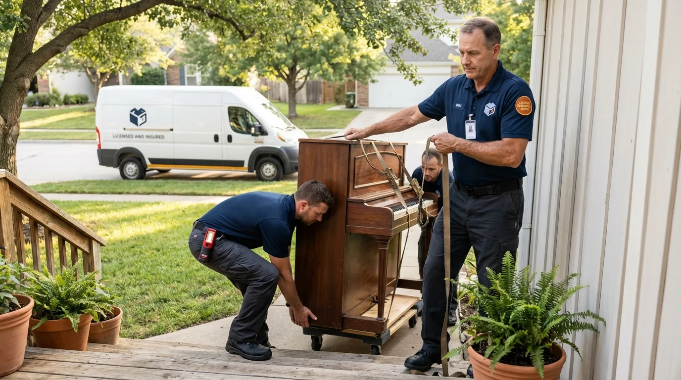 Licensed piano movers securing grand piano in Clark, SD