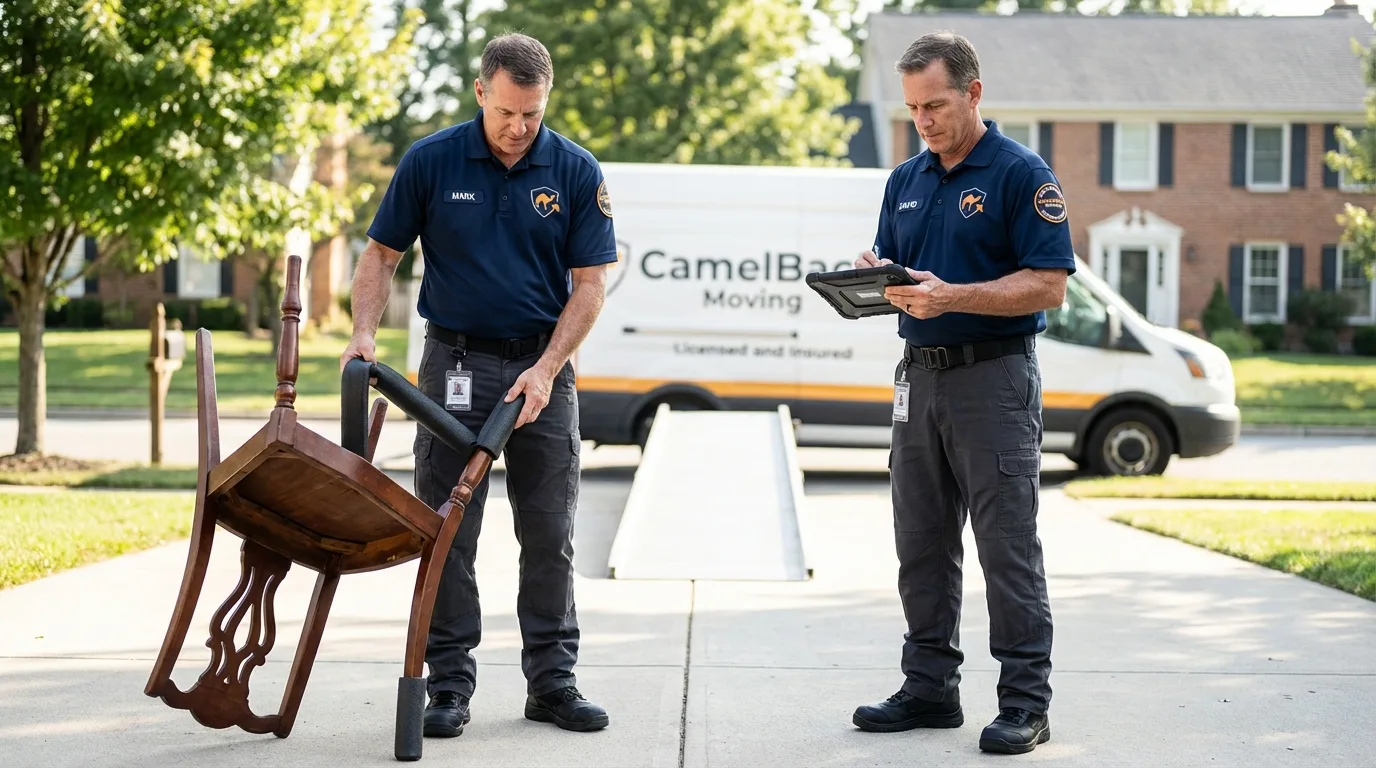 Movers inspecting furniture for damage prevention before loading in Clark, SD