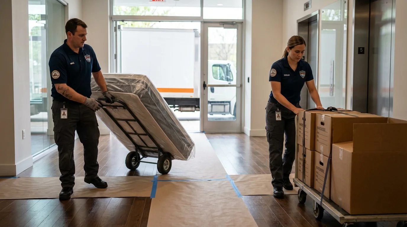 Professional apartment movers loading elevator in Clark, SD
